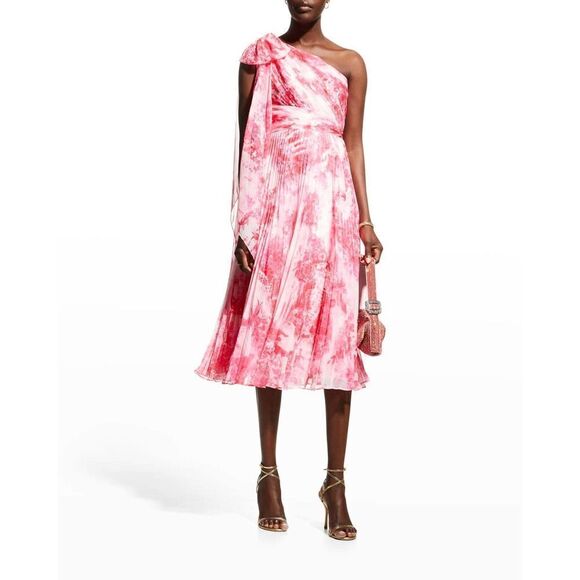 Marchesa one shoulder printed chiffon pleated dress pink US8 - Picture 4 of 10